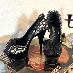 Pleaser Black Lace Stiletto Heels with Ruffle Detail